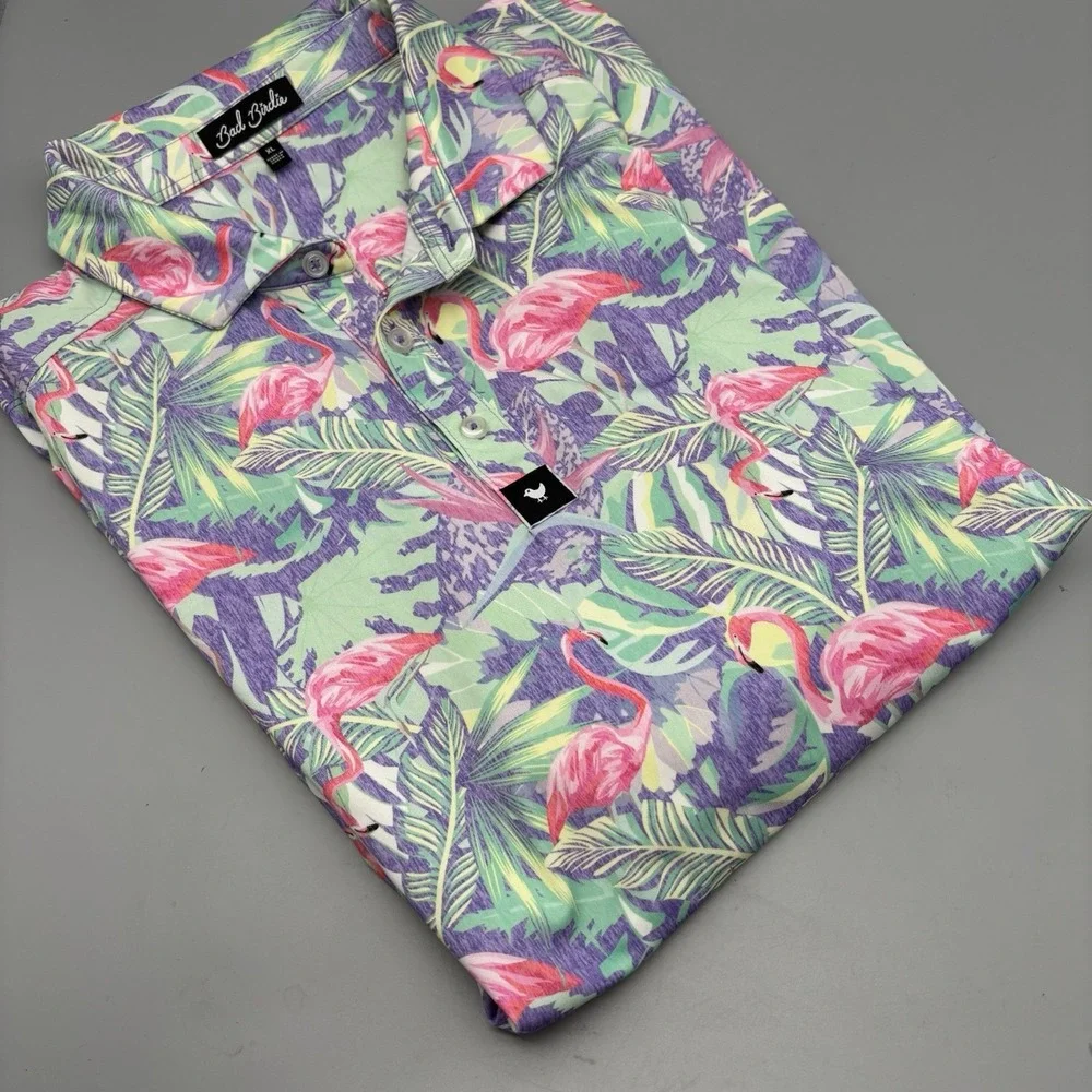 Bad Birdie Performance Polo Shirt‎ Men's XL Flamingo All Over Print Floral Golf